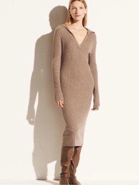Vince Taupe Ribbed V-Neck Long-Sleeve Sweater Dress, Sz XS